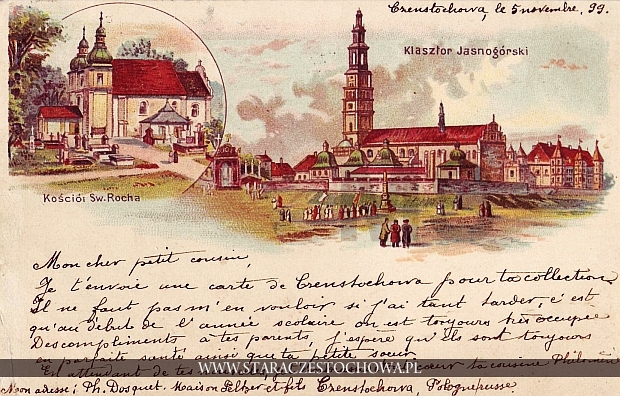 Pocztówka z Częstochowy, litografia, długi adres