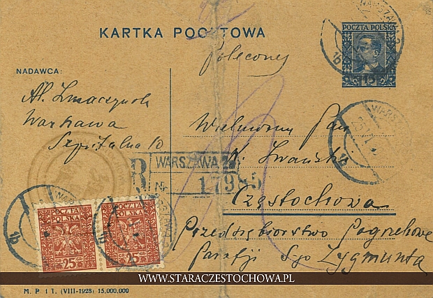 Kartka pocztowa, list polecony nr: 17985