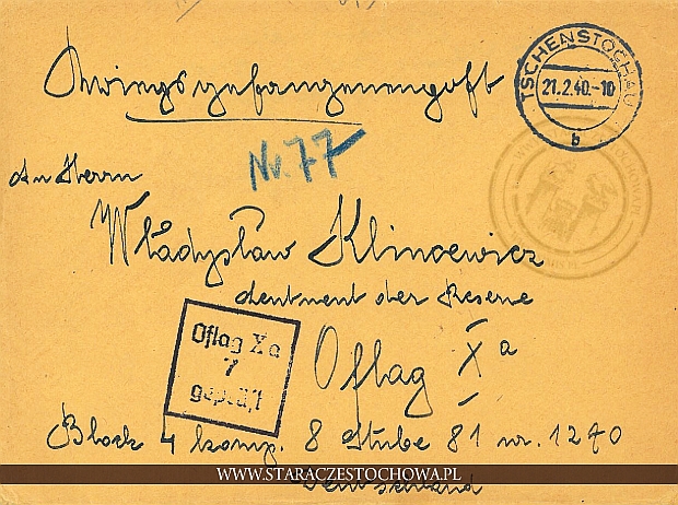Koperta pocztowa, z obozu jenieckiego Oflag X a do Częstochowy