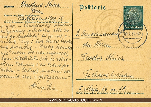 Niemiecka karta pocztowa wysłana z Poznania w 1941 roku