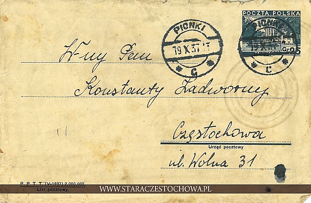 Koperta pocztowa, rok 1937 Pionki
