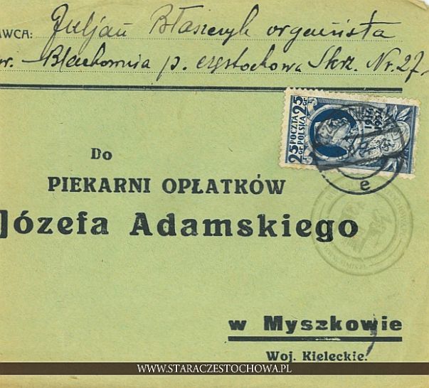 Koperta pocztowa, rok 1934 Piekarnia Opłatków