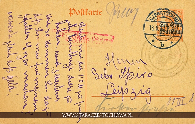 Koperta pocztowa, rok 1917 z Częstochowy do Leipzig