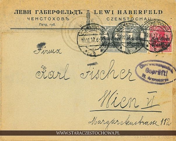 Koperta pocztowa, rok 1917 Czenstochau