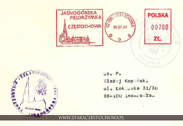 Koperta pocztowa, frankatura mechaniczna Pielgrzymka Jasnogórska