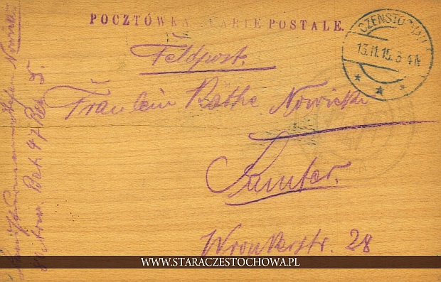 Pocztówka na fornirze, rok 1915 Poczta Częstochowa