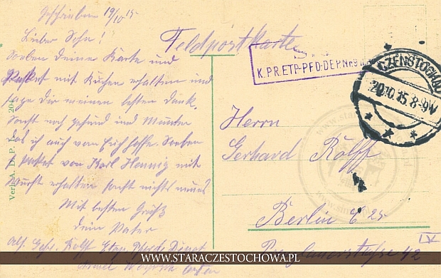 Karta pocztowa, rok 1915, Pieczęć Poczty Polowej