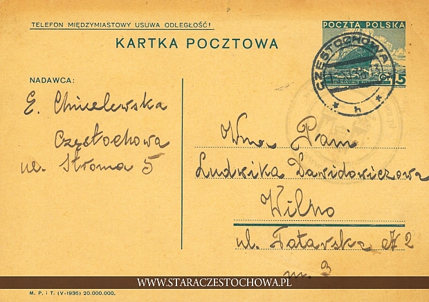 Karta pocztowa, rok 1936, Pieczęć Poczta Częstochowa