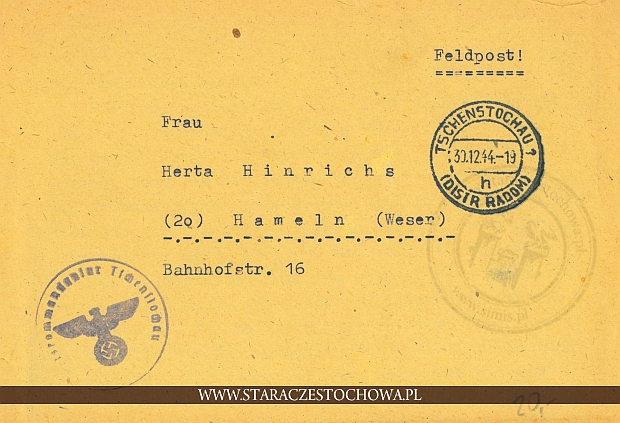 Niemiecka koperta pocztowa, Tschenstochau 1