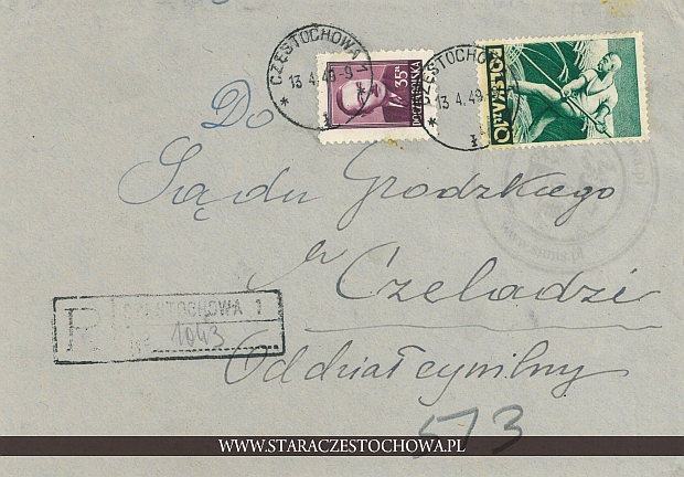 Koperta pocztowa, rok 1949 Częstochowa 1