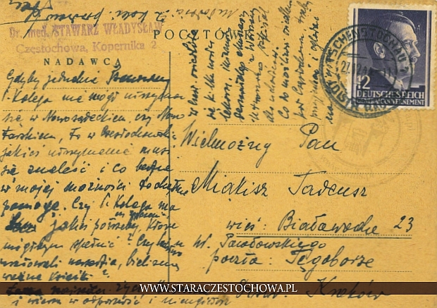 Karta pocztowa, rok 1944 Tschenstochau, Distr. Radom