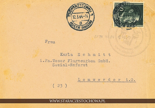 Koperta pocztowa, rok 1944, Tschenstochau
