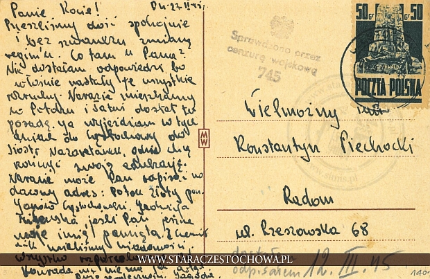 Karta pocztowa, rok 1945 cenzura wojskowa 745