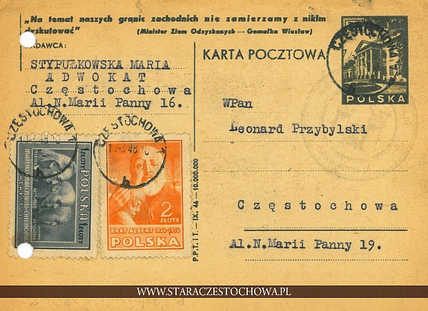 Karta pocztowa, rok 1946 adwokat, al. NMP