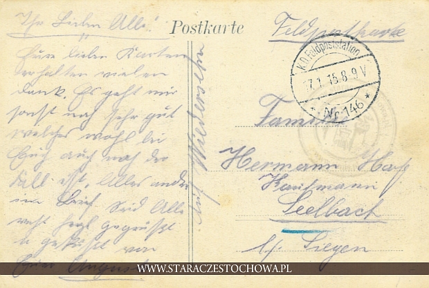 Niemiecka karta pocztowa z 1915 roku, K. D. Feldpoststation