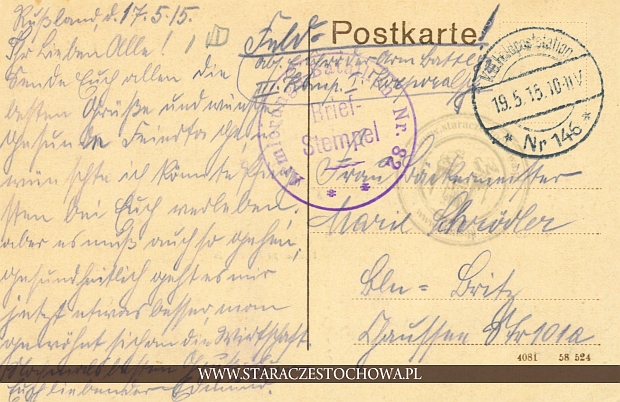 Niemiecka karta pocztowa K. D. Feldpoststation Nr 146