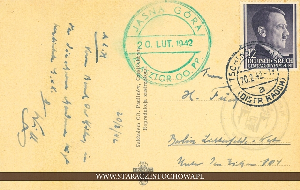 Karta pocztowa, rok 1942 Tschenstochau