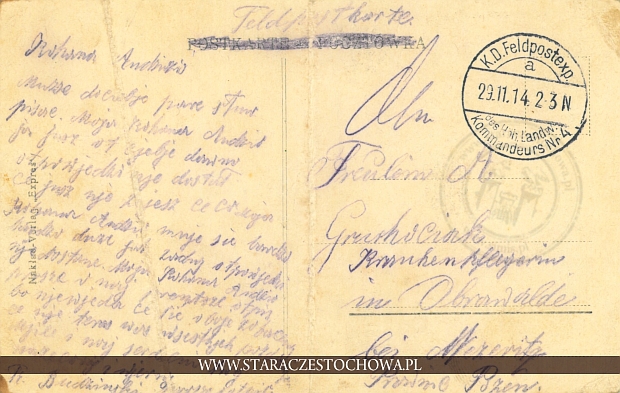 Karta pocztowa, rok 1914 K. D. Feldpostexp Kommandeurs Nr 4