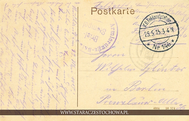 Niemiecka karta pocztowa, rok 1915, K. D. Feldpoststation