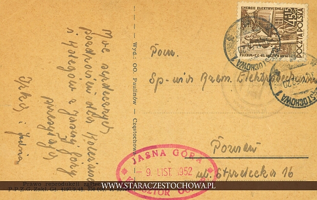 karta pocztowa, rok 1952 pieczęć Jasnej Góry