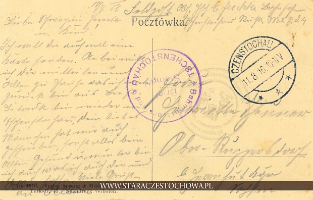 Pocztówka z 1916 roku, Czenstochau Brief Stamp