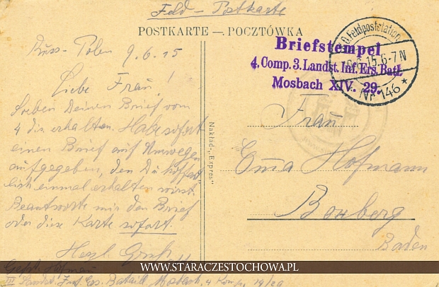 Pocztówka z 1915 roku, Briefstempel 4 Comp. 3 Landst.
