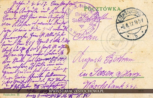 Karta pocztowa, rok 1917 Czenstochau