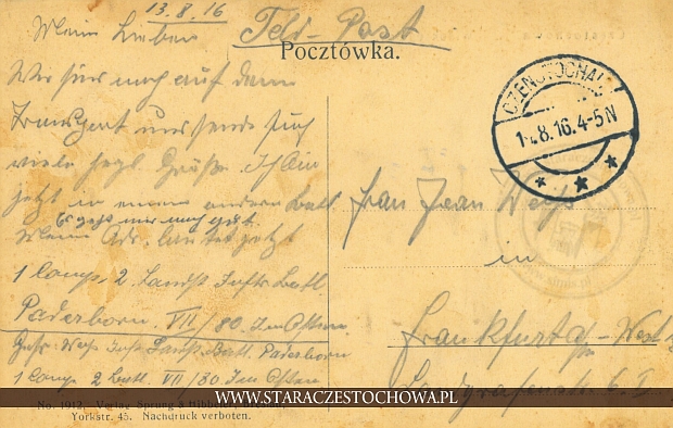 Karta pocztowa, rok 1916 Czenstochau
