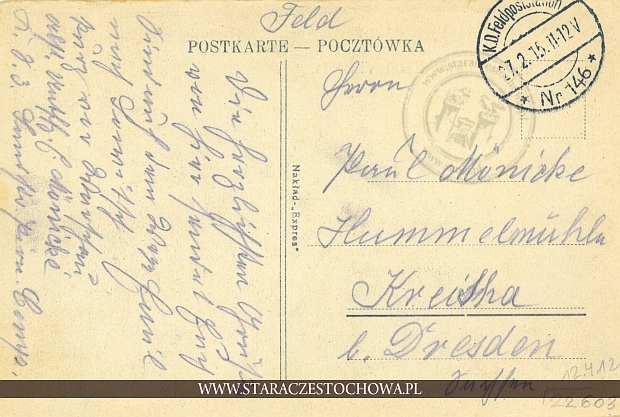 Karta pocztowa, rok 1915 K. D. Feldpoststation Nr 146
