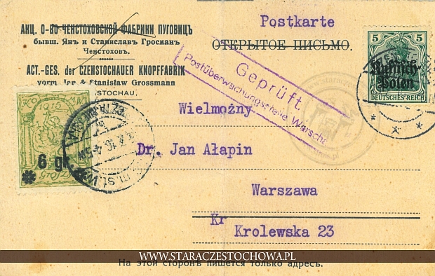 Karta pocztowa, rok 1916 Czenstochauer Knopffabrik