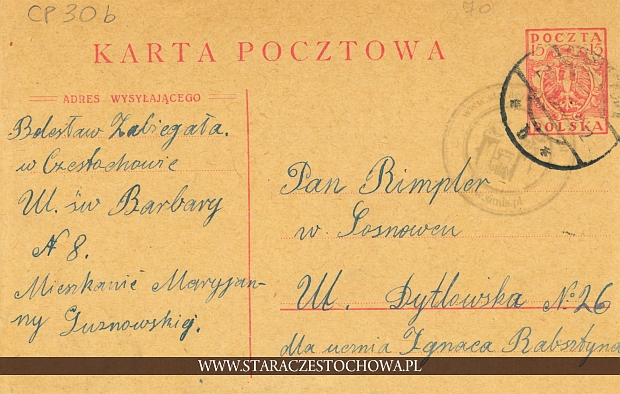 Karta pocztowa z Częstochowy do Sosnowca x
