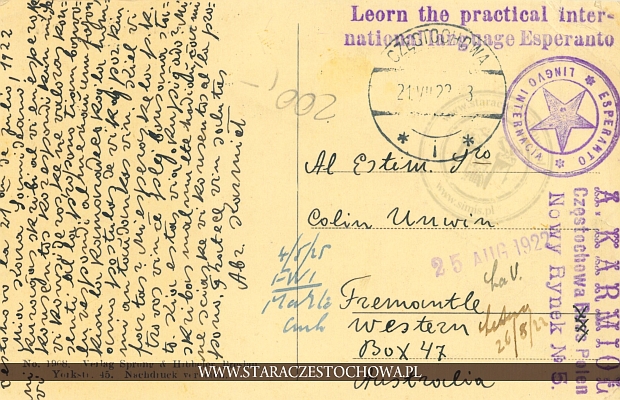 Karta pocztowa, rok 1923 Esperanto Lingvo Internacia