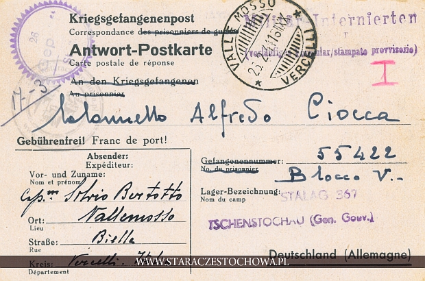 Karta pocztowa z obozu jenieckiego Stalag 367 w Częstochowie