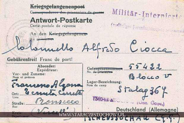 Karta pocztowa z obozu jenieckiego Stalag 367 w Częstochowie