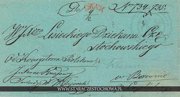 Koperta pocztowa adres. Dziekan Częstochowski z 1851 roku