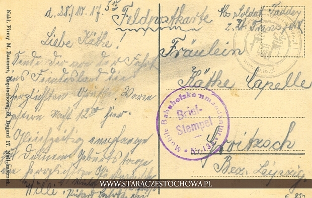 Karta pocztowa z 1917 roku, M. Baumert, Brief Stempel x