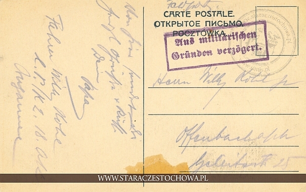 Karta pocztowa, pieczęć z 1915 roku, feldpost