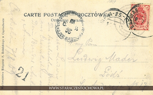 Pocztówka, wysłana z Częstochowy do Łodzi w 1909 roku
