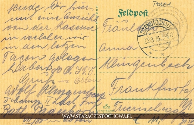 Niemiecka karta pocztowa z 1916 roku, Czenstochau