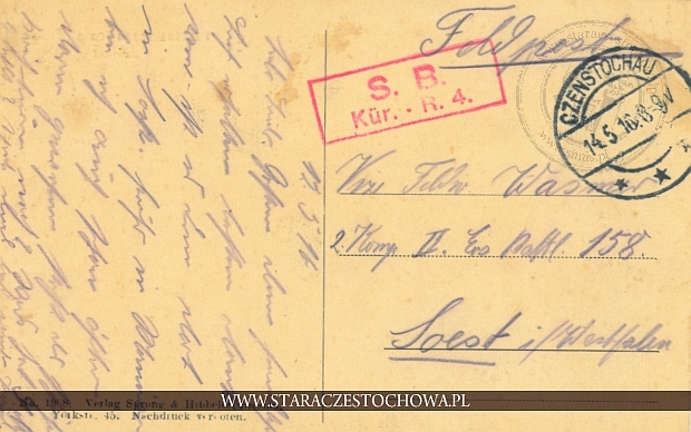 Karta pocztowa z 1916 roku, Czenstochau x
