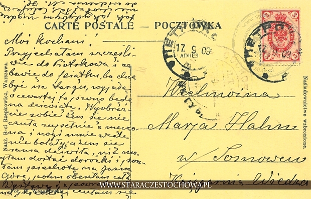 Karta pocztowa z 1909 roku, Sosnowiec, &#1063;&#1077;&#1085;&#1089;&#1090;&#1086;&#1093;&#1086;&#1074;&#1072; x
