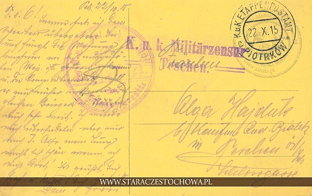 Karta pocztowa z 1915 roku, niemiecka pieczęć x