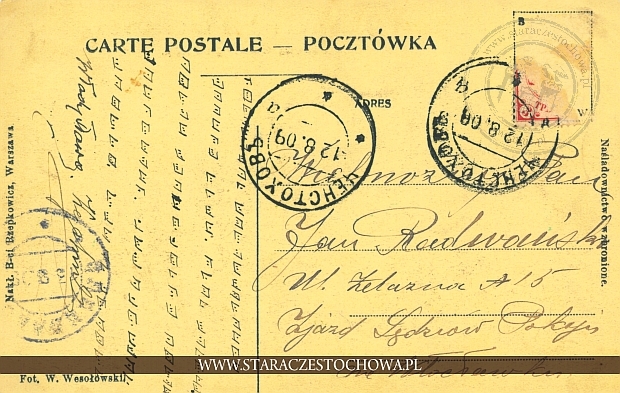 Karta pocztowa z 1909 roku, Włocławek, &#1063;&#1077;&#1085;&#1089;&#1090;&#1086;&#1093;&#1086;&#1074;&#1072; x