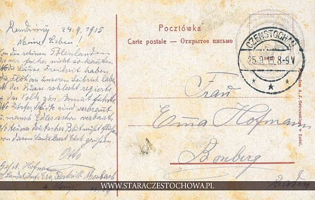 Pocztówka z roku 1915. Czenstochau, feldpost