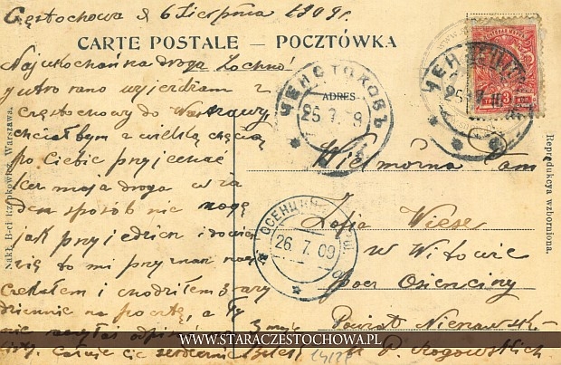 Karta pocztowa z roku 1909, Częstochowa x