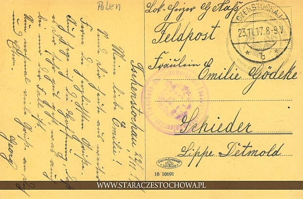 Karta pocztowa z roku 1917, Czenstochau x