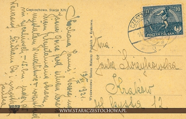 Karta pocztowa z 1921 roku, pieczęć Częstochowa x