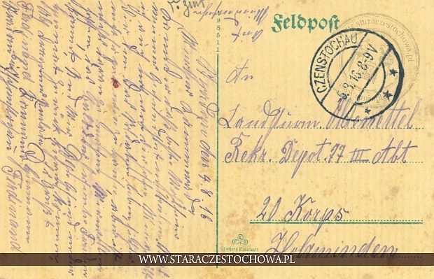 Niemiecka karta pocztowa z 196 roku, Czenstochau