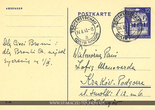 Niemiecka karta pocztowa, Tschenstochau, distr. Radom