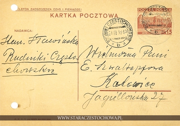 Karta pocztowa, rok 1937, Rudniki Częstochowskie